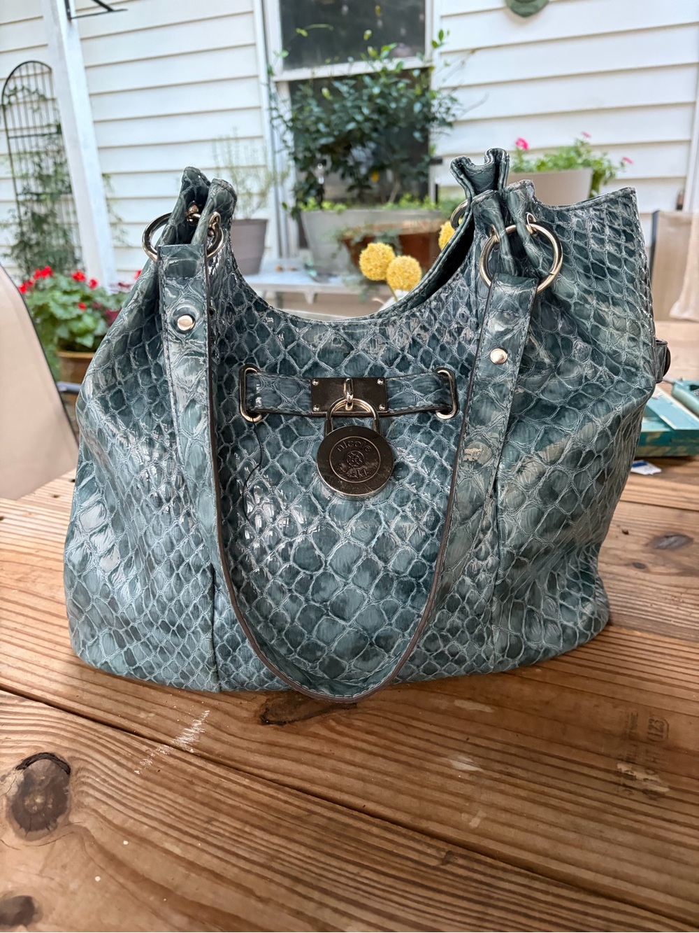 Nicole by Nicole Miller Teal Croc Embossed Shoulder Bag Padlock Hobo Purse